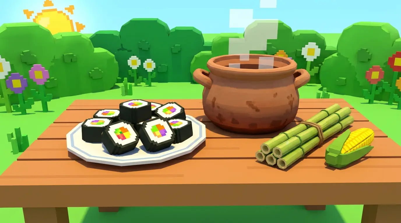Sushi dish being cooked at the Grow a Garden cooking pot near Chris P. Bacon
