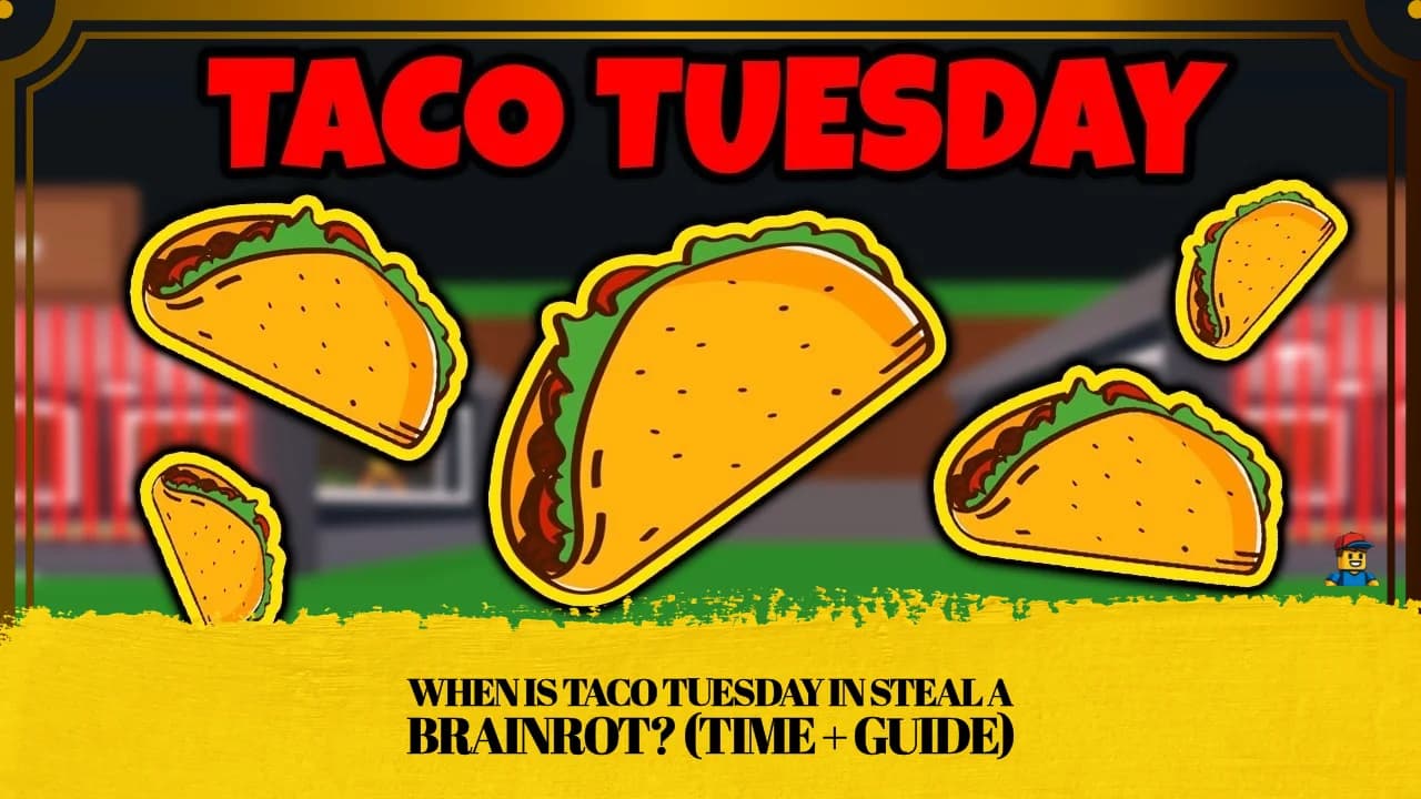 Tacos raining from a cannon onto brainrots on the conveyor belt during the Taco Tuesday event in Steal a Brainrot